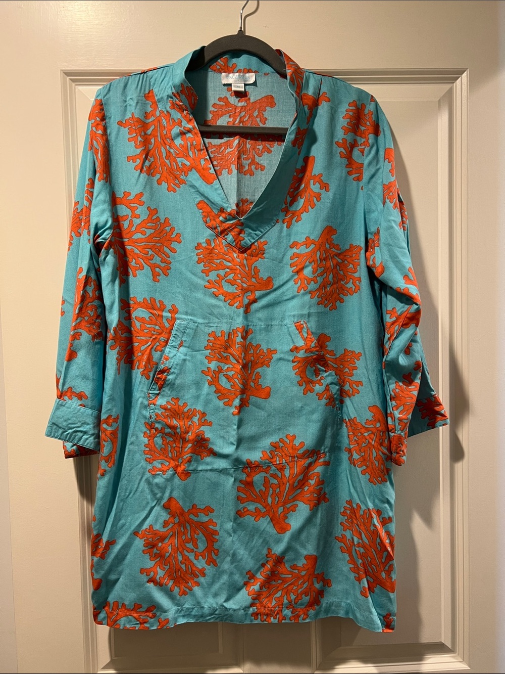 escapada beach Turquoise Tunic, Coral Orange Print, size M, coverup/resort wear